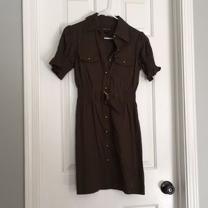 Olive green dress with gold front buttons